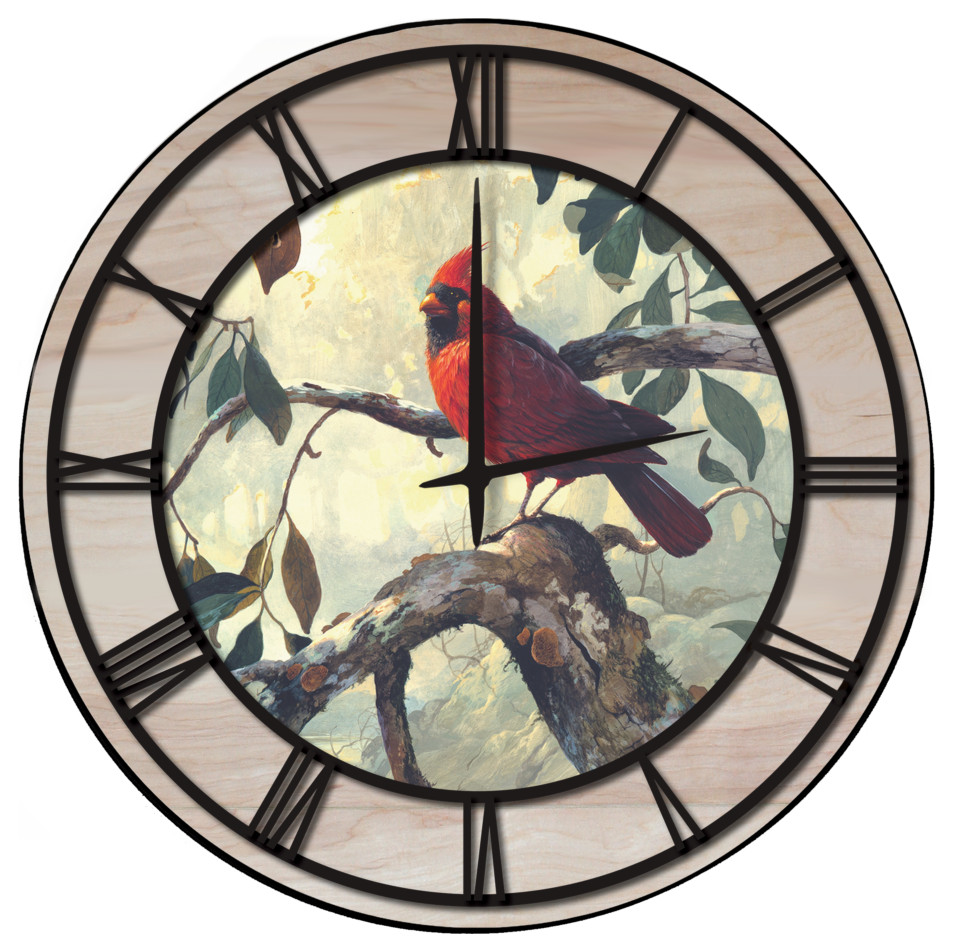 Wall Clock With Wood Accent, Sunrise at Narrows Creek, Black Numbers 24"x24"