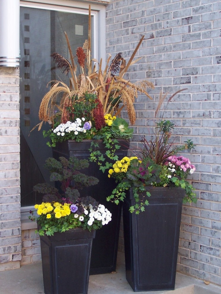 Inspiration for a mid-sized contemporary front yard full sun garden for fall in Chicago with a container garden.