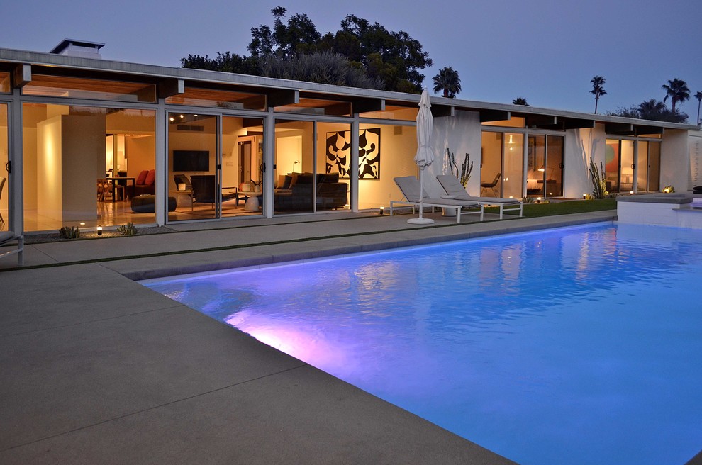 Large contemporary side yard rectangular natural pool in Los Angeles with a hot tub and concrete slab.