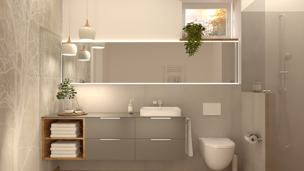Источник вдохновения для домашнего уюта: туалет среднего размера в скандинавском стиле с обоями на стенах
