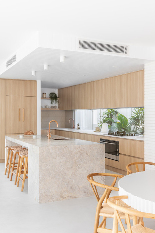 Beachy Serenity: Warm Wood Cabinetry in Kitchen Sink Backsplash Inspirations