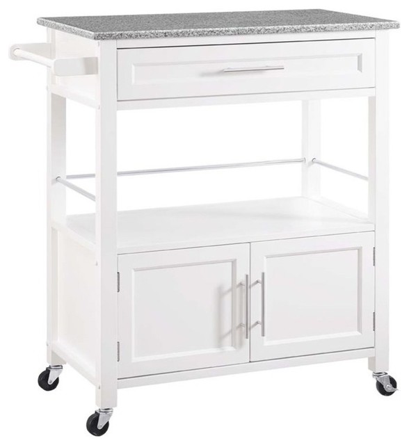 Pemberly Row Transitional Wood Kitchen Cart with Granite Top in White