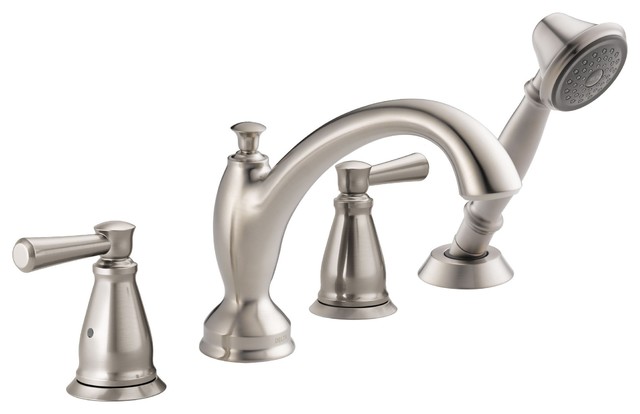 Delta Linden Stainless Steel Finish Roman Tub Faucet Sprayer And