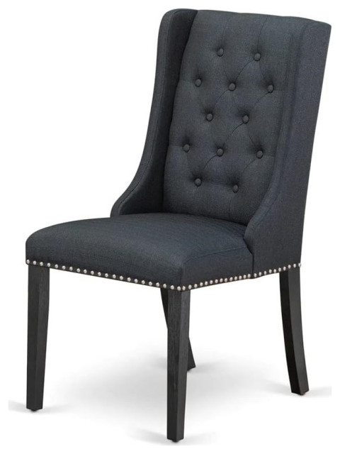 Set of 2 Dining Chair, Linen Padded Seat With Button Tufted Back, Brushed Black