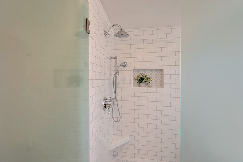 Mid-sized transitional master white tile and subway tile porcelain tile and white floor freestanding bathtub photo in Phoenix with a hinged shower door