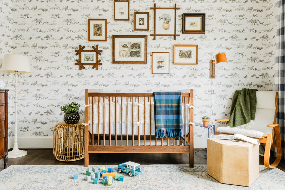Inspiration for a transitional dark wood floor and brown floor nursery remodel in Cincinnati with white walls
