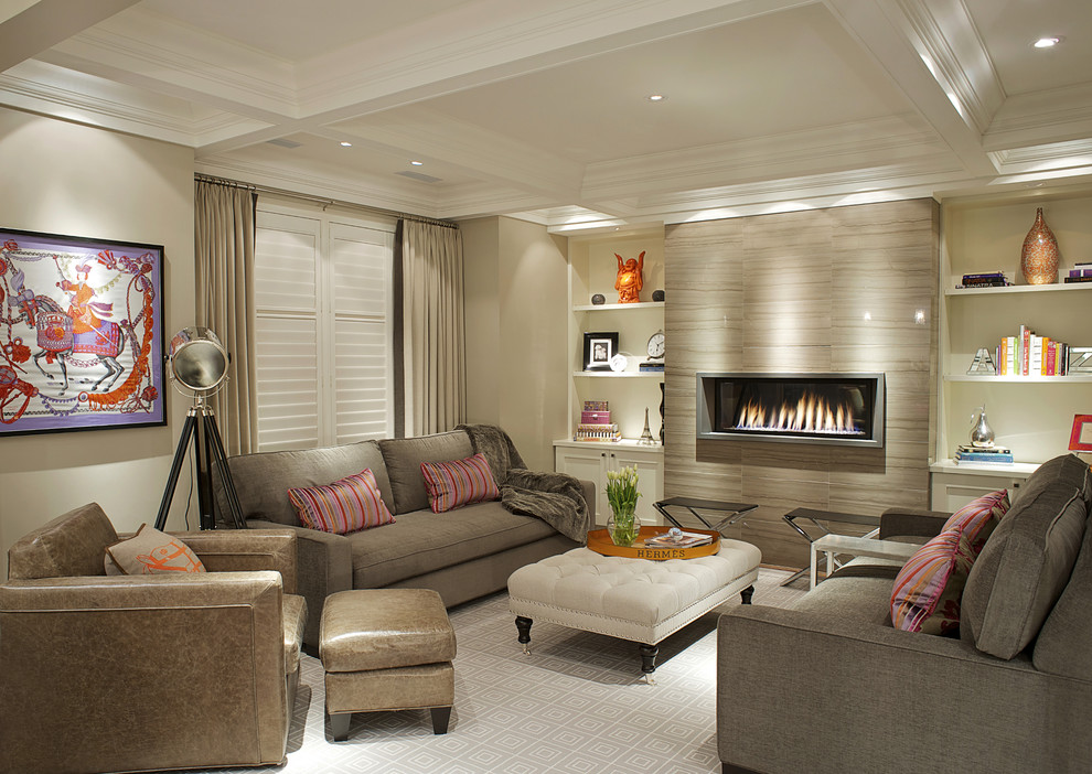 Large contemporary enclosed living room in Toronto with beige walls, a ribbon fireplace and a stone fireplace surround.