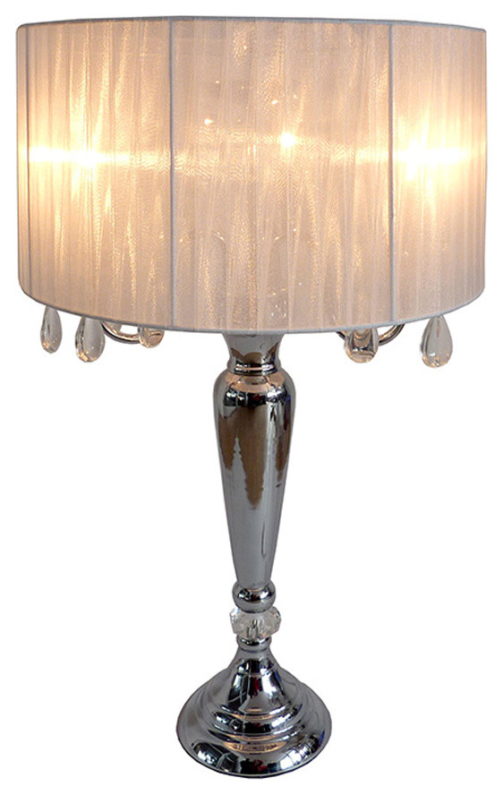 Elegant Designs Trendy Sheer Shade Table Lamp With Hanging Crystals, White