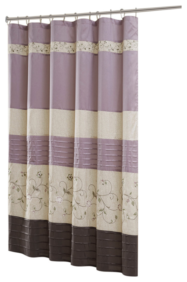 Madison Park Serene Faux Silk Embroidered Floral Shower Curtain, Purple