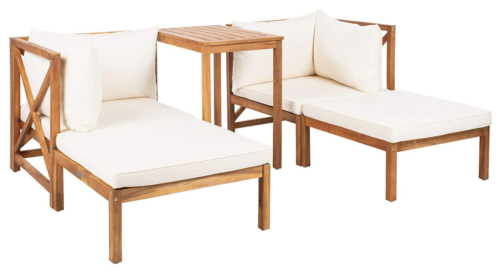 5 Pieces Patio Lounge Set, Natural Acacia Wood Frame and Cushioned