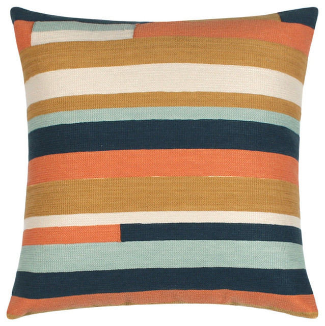 Silver Fern Decor Cotton Striped Pillow Cover, Peach and Navy - Decorative Pillows Houzz