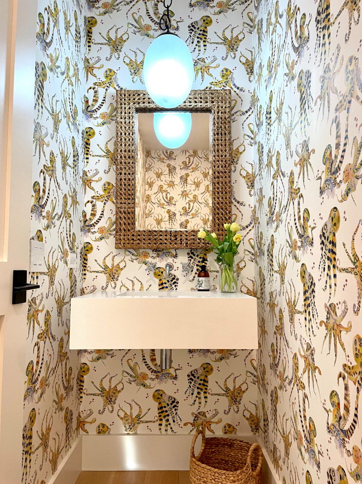Photo of a mid-sized beach style master bathroom in San Francisco with shaker cabinets, light wood cabinets, an open shower, a one-piece toilet, white tile, subway tile, white walls, cement tiles, an undermount sink, quartzite benchtops, grey floor, an open shower, white benchtops, an enclosed toilet, a double vanity, a built-in vanity, timber and planked wall panelling.