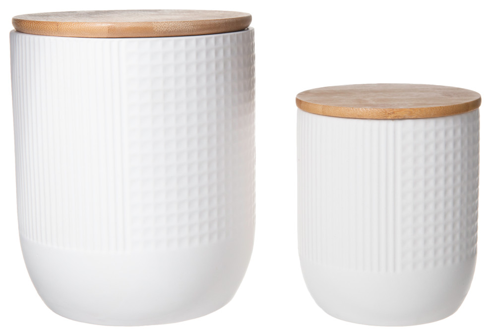 Round Ceramic Canister With Bamboo Lid Matte White Finish Set Of 2   Home Design 