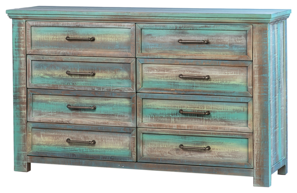 66" W 8 Drawer Dresser Rustic Solid Pine Wood Distressed Multi Blue