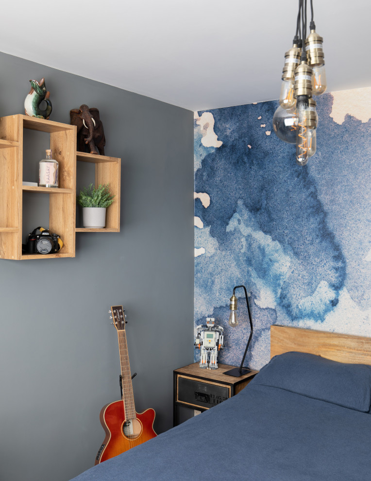 Exempel på ett mellanstort modernt gästrum, med grå väggar, heltäckningsmatta och blått golv