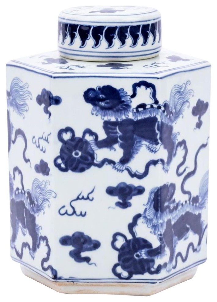 Tea Jar Service Items Vase Lion Hexagonal Blue White Ceramic