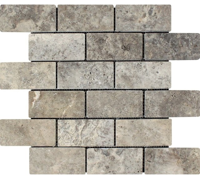 Silver Travertine Brick Mosaic, 2x4, Tumbled Mosaic Tiles Traditional