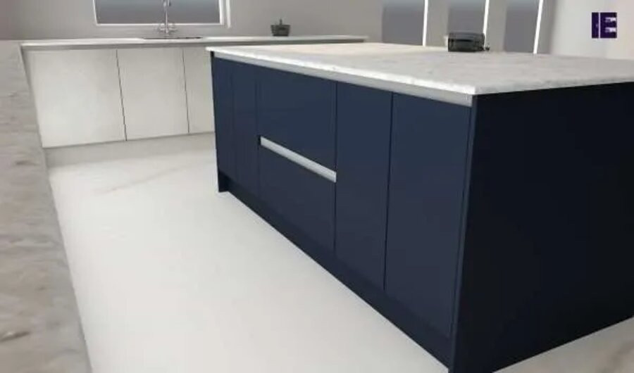 Design ideas for a large contemporary u-shaped eat-in kitchen in London with a single-bowl sink, flat-panel cabinets, blue cabinets, quartzite benchtops, a peninsula and grey benchtop.