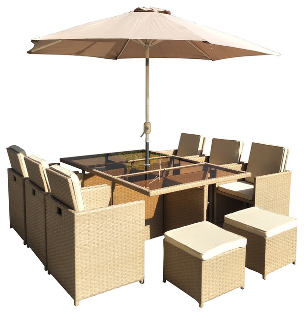 Sanora Patio Dining Cube With Cushions, Wicker Patio Dining Set With Umbrella