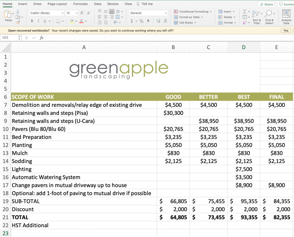Spreadsheet Pricing - Green Apple Landscaping