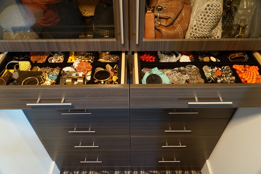 Photo of a mid-sized contemporary gender-neutral walk-in wardrobe with flat-panel cabinets, dark wood cabinets and carpet.
