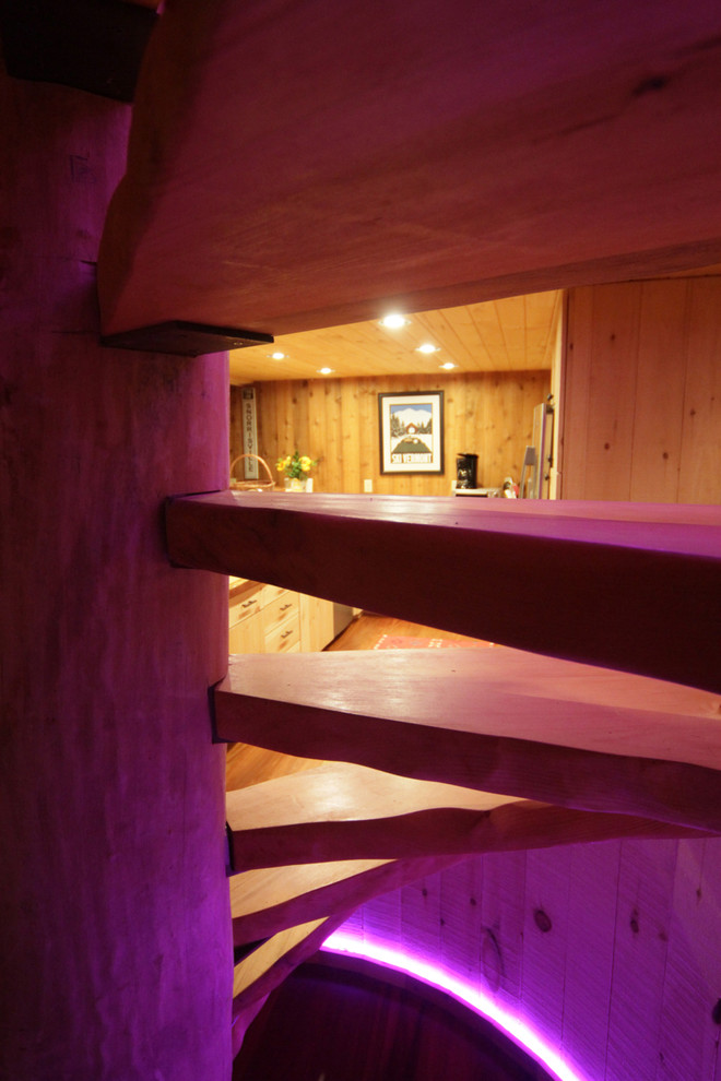 Staircase - mid-sized rustic wooden straight open and wood railing staircase idea in Burlington