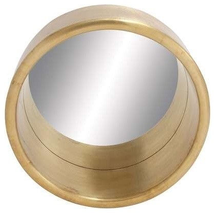 Porthole Shaped Decorative Wood Metal Clad Mirror in Brass Finish