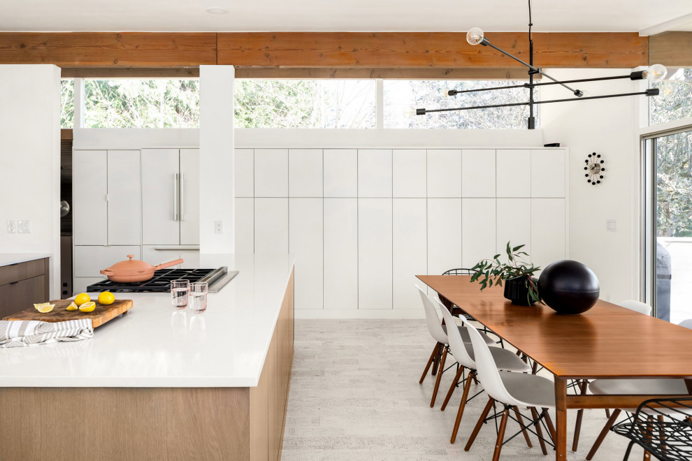 Inspiration for a retro kitchen in Seattle with white floors.
