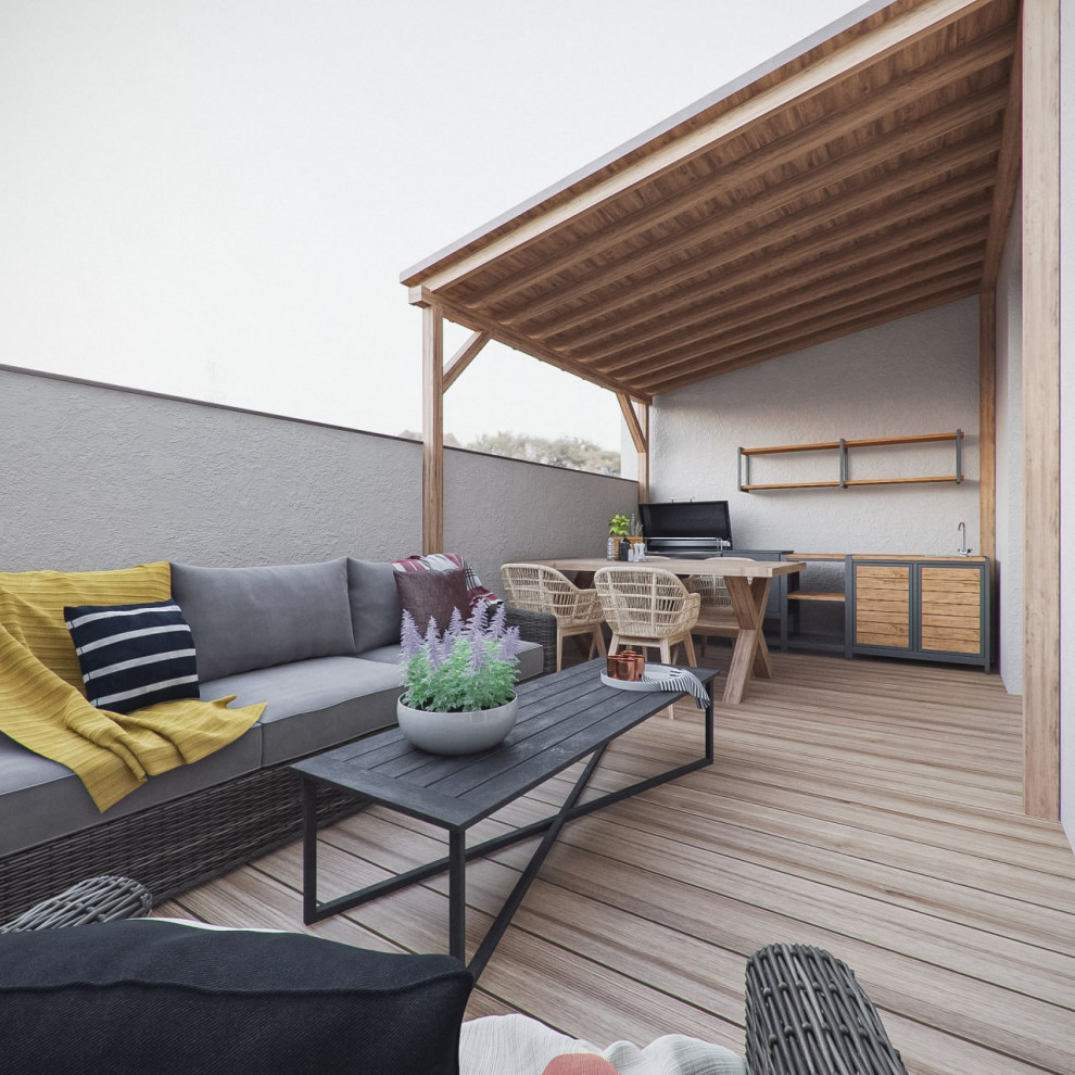 Гостиная на цокольном этаже таунхауса с выходом на улицу в зону барбекю