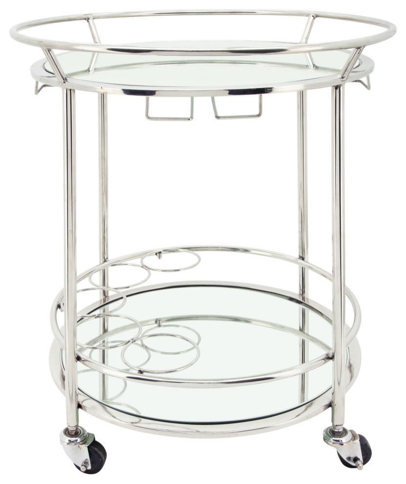 Two Tier 27" Round Rolling Bar Cart, Silver Contemporary Bar Carts