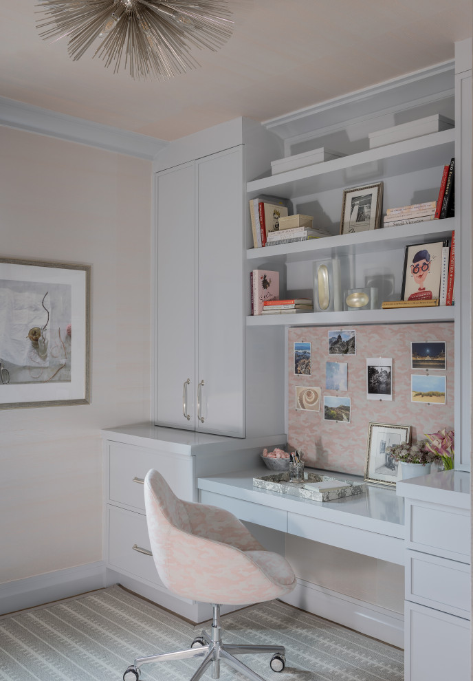 Transitional built-in desk carpeted, gray floor and wallpaper home office photo in Boston with beige walls