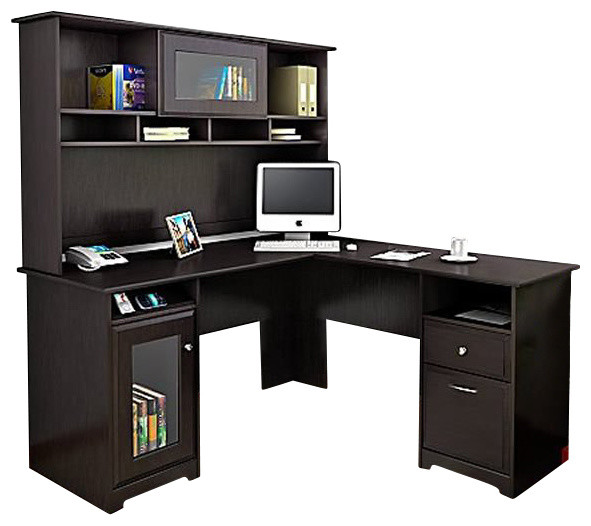 Bush Cabot L Shape Computer Desk With Hutch In Espresso Oak