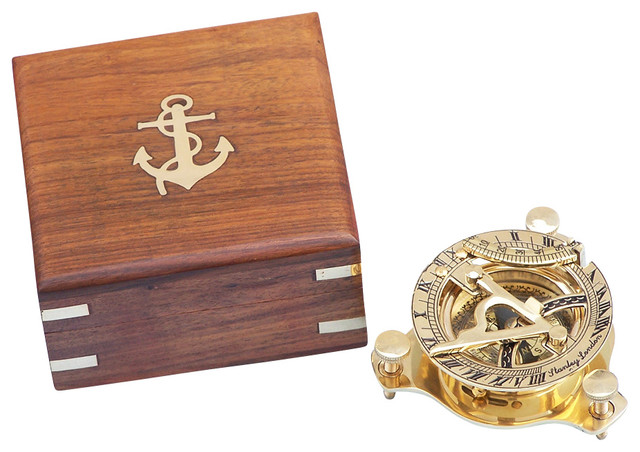 Nautical Solid Brass Round Sundial Compass with Design Rosewood Box