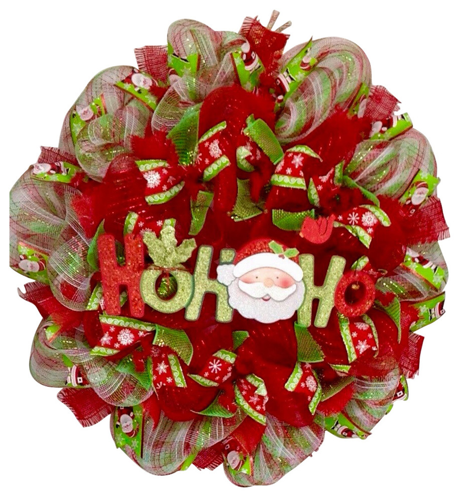 Santa Ho Ho Ho Christmas Wreath Handmade Deco Mesh With Cardinal And Tiny Bells