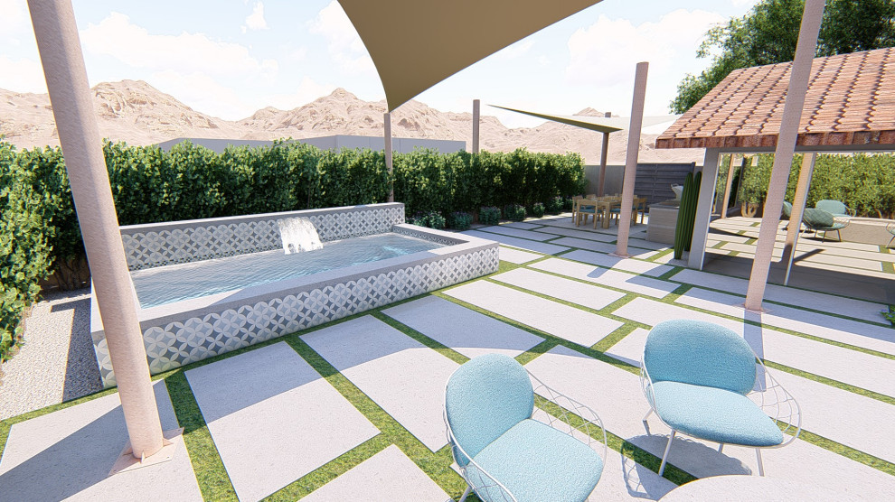 Geometrischer, Mittelgroßer Moderner Garten im Sommer, hinter dem Haus mit Wüstengarten, direkter Sonneneinstrahlung, Dielen und Steinzaun in Los Angeles