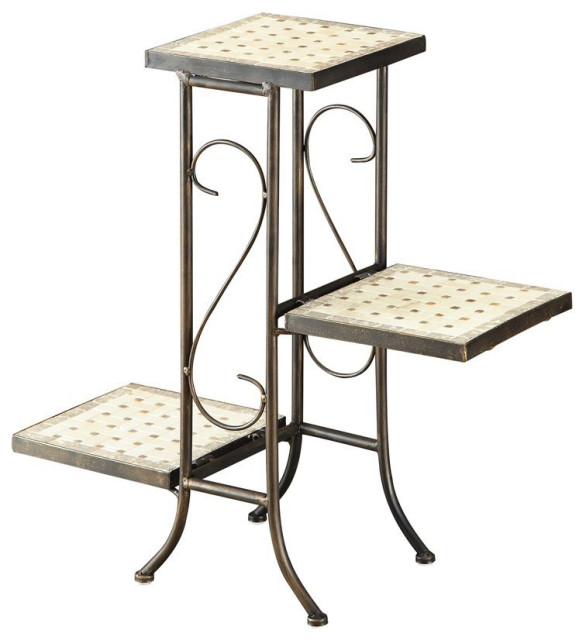 4D Concepts 3 Tier Travertine Top Metal Plant Stand in Rustic Bronze