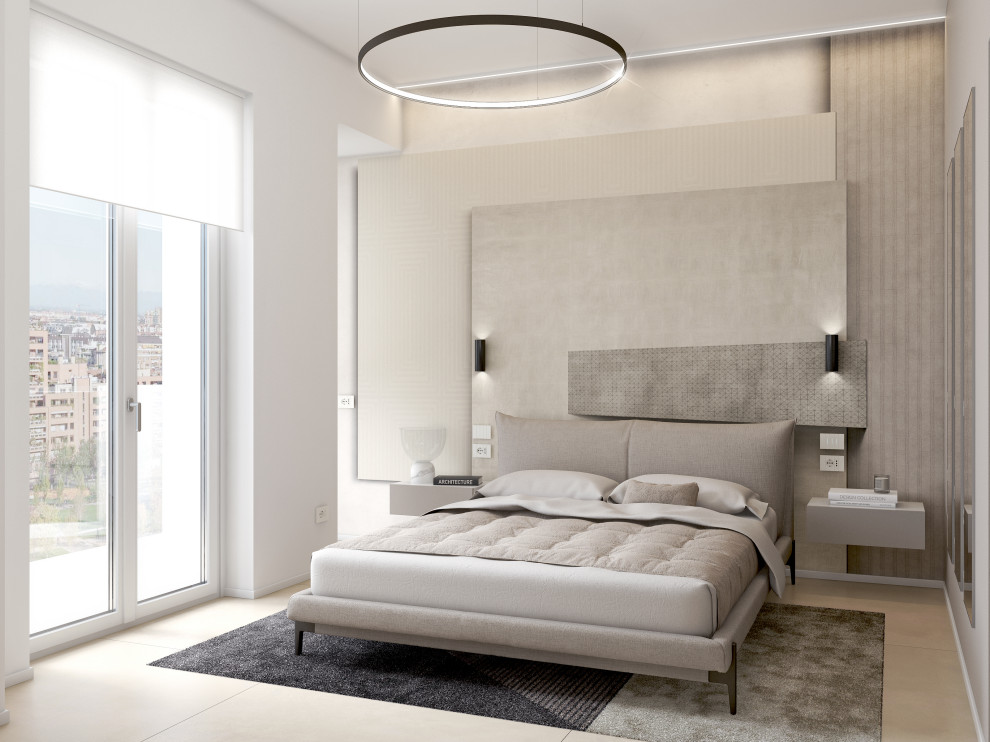 Inspiration for a small modern master bedroom in Milan with grey walls, porcelain floors, no fireplace, beige floor and wallpaper.