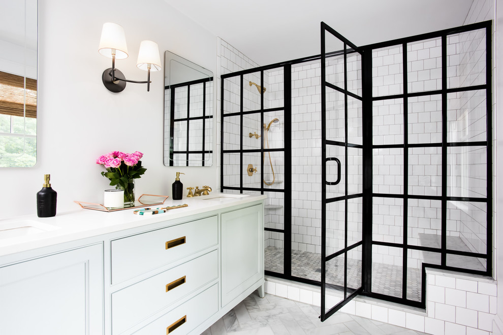 Design ideas for a transitional 3/4 bathroom in New York with white cabinets, an alcove shower, white tile, subway tile, white walls, an undermount sink, recessed-panel cabinets, a hinged shower door and a shower seat.