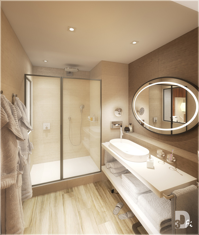 Inspiration for a contemporary bathroom in Paris with an open shower, beige tile, ceramic tile, linoleum floors, a drop-in sink, beige floor and a sliding shower screen.