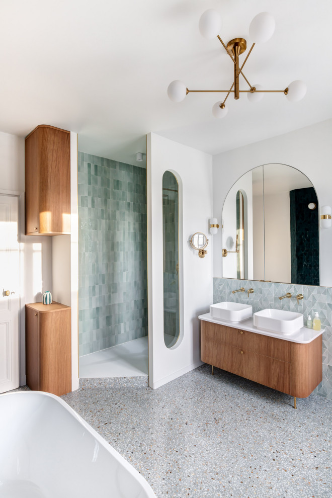 Large contemporary ensuite bathroom in Paris with brown cabinets, a built-in bath, a corner shower, green tiles, mosaic tiles, white walls, a built-in sink, white worktops, double sinks and a freestanding vanity unit.