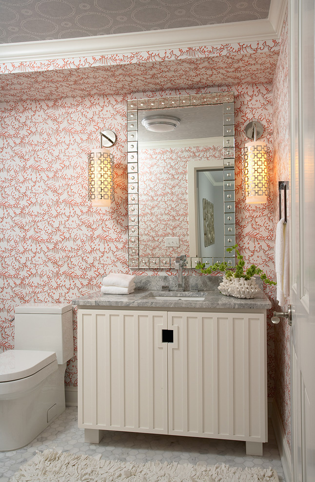 Inspiration for a transitional powder room in Minneapolis with an undermount sink, beige cabinets, furniture-like cabinets, a one-piece toilet, multi-coloured walls and grey benchtops.