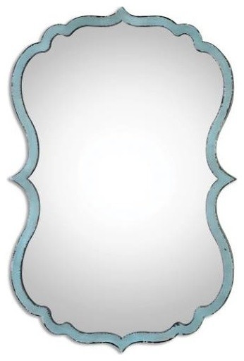 Unusual Curved Shaped-Light Blue Wall Mirror, Bathroom Vanity