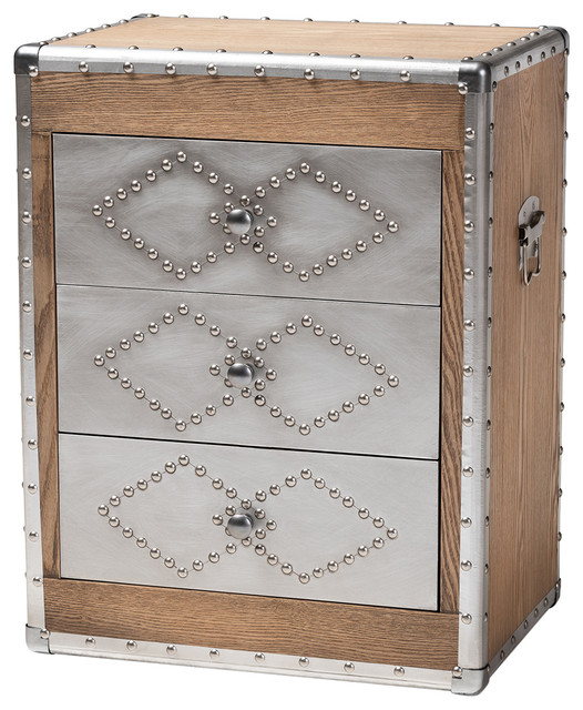 Audric French Industrial Brown Wood And Silver Metal 3 Drawer Audric French Industrial Brown Wood And