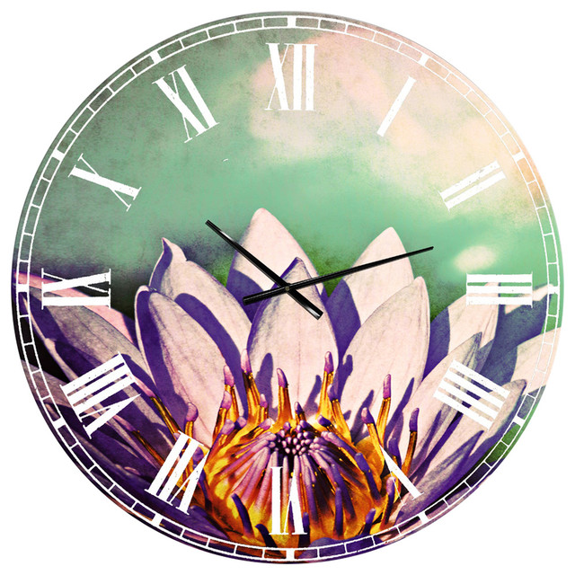 Blossoming Purple Lotus Flower Floral Large Metal Wall Clock, 36x36