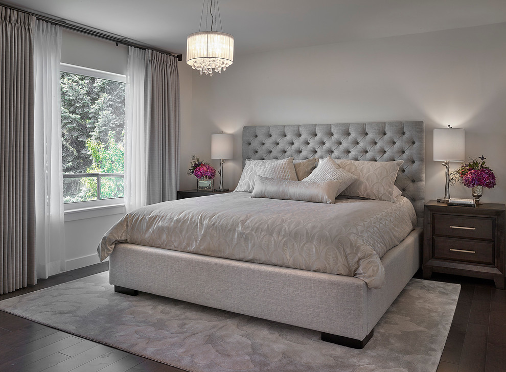Example of a large transitional master dark wood floor bedroom design in Edmonton with gray walls and no fireplace