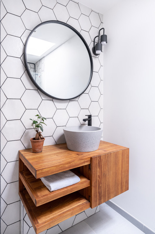 Scandinavian Bathroom with Hex Tile Backsplash and a Floating Vanity with Open Shelving