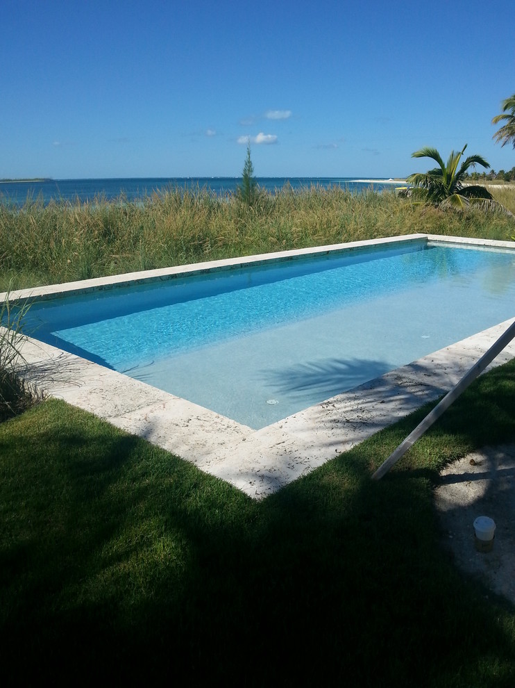 Example of a large island style backyard stone and rectangular lap pool design