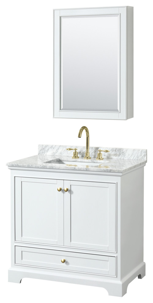 Deborah 36" Single Vanity, White, Top, Gold Trim, Medicine