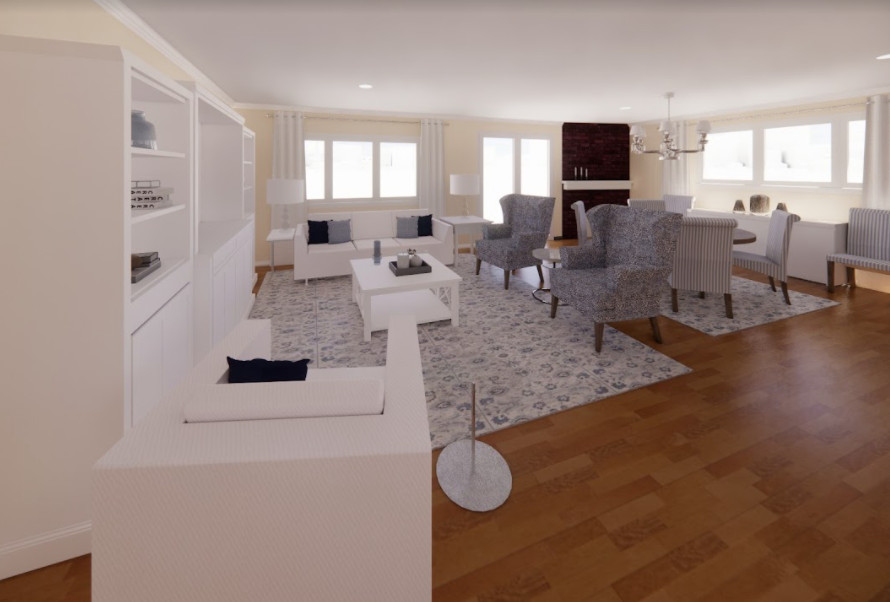 Idee per un grande soggiorno design aperto con pareti bianche, camino classico, cornice del camino in legno, parete attrezzata e pavimento multicolore