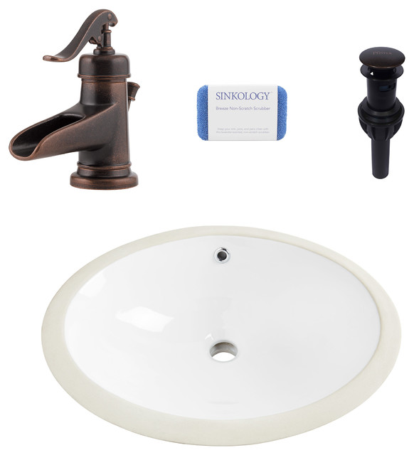 Louis Oval Undermount Bathroom Sink, White, Ashfield Rustic Bronze Faucet